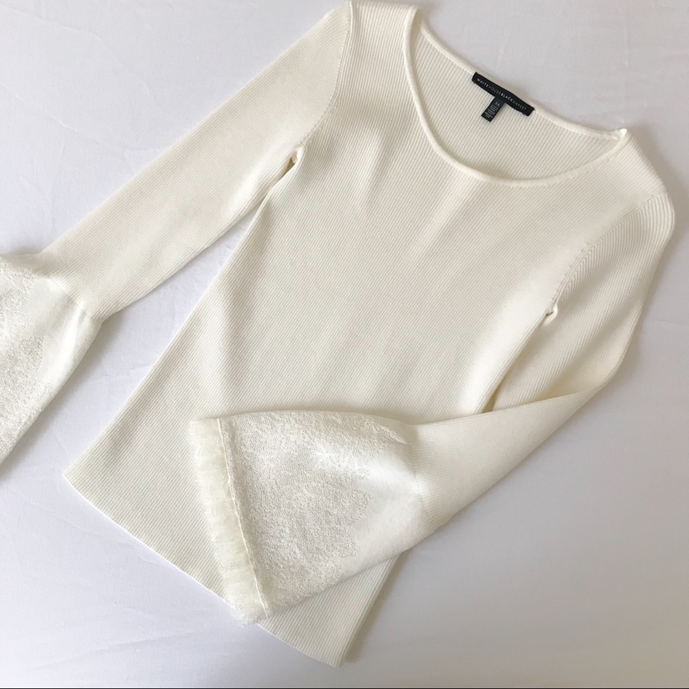 WHBM Cream Lace Bell Sleeve Top XS Ribbed Long